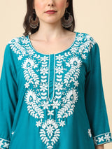 Blue Embroidered Cotton Straight Kurti