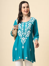 Blue Embroidered Cotton Straight Kurti