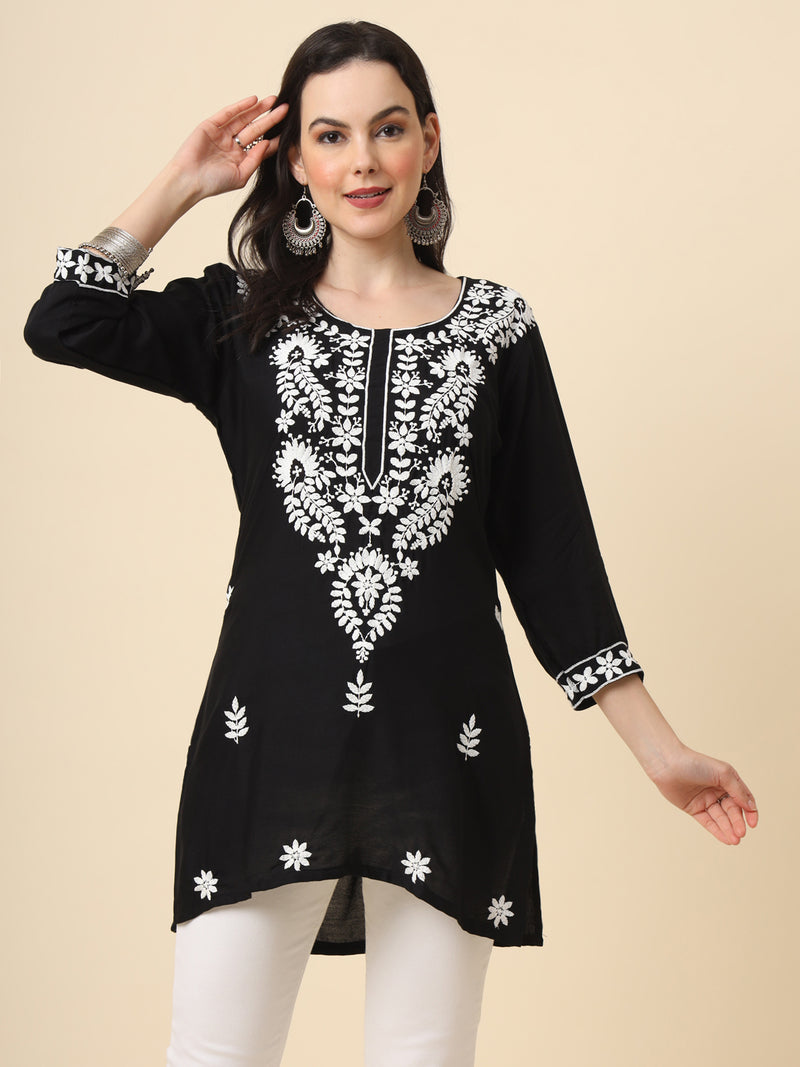 Black Embroidered Cotton Straight Kurti