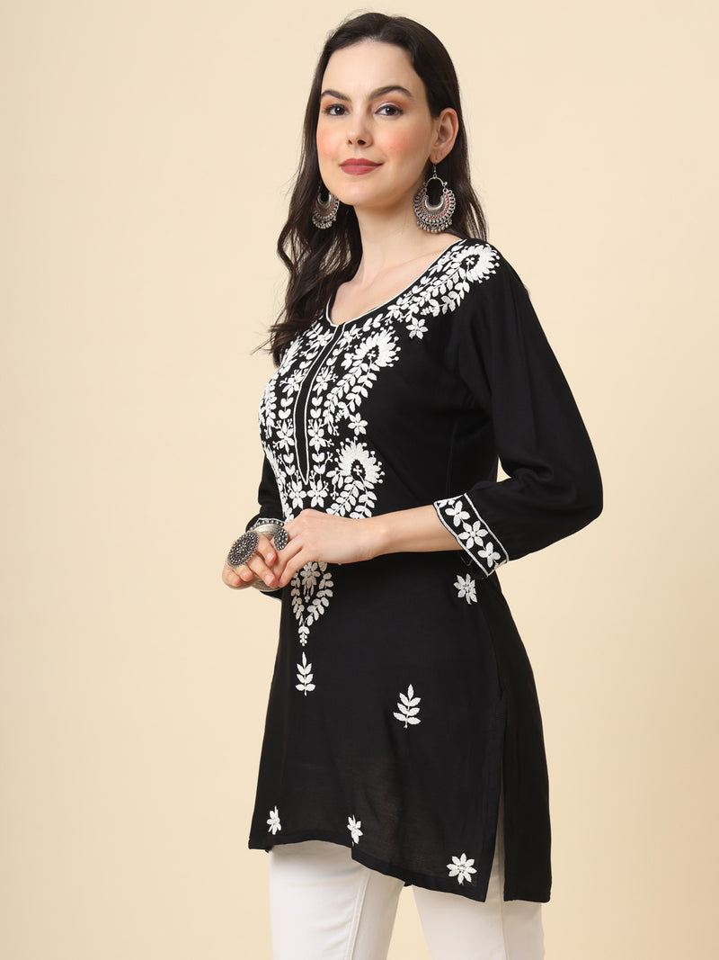 Black Embroidered Cotton Straight Kurti