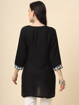 Black Embroidered Cotton Straight Kurti