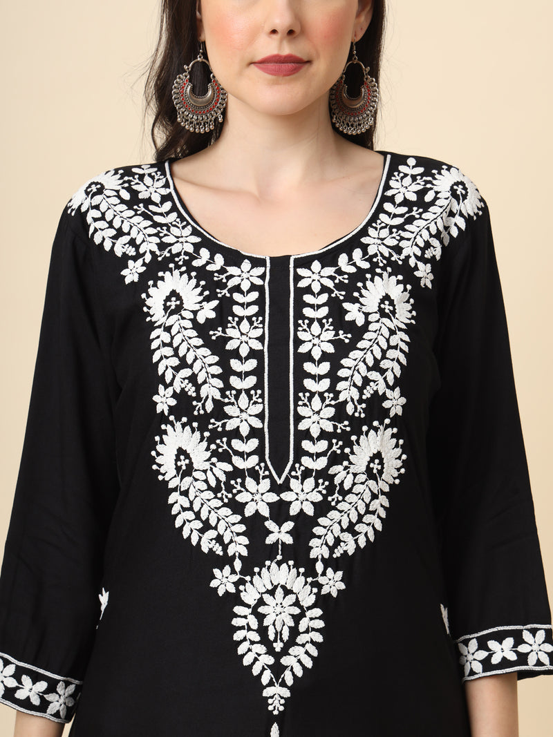 Black Embroidered Cotton Straight Kurti