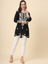 Black Embroidered Cotton Straight Kurti