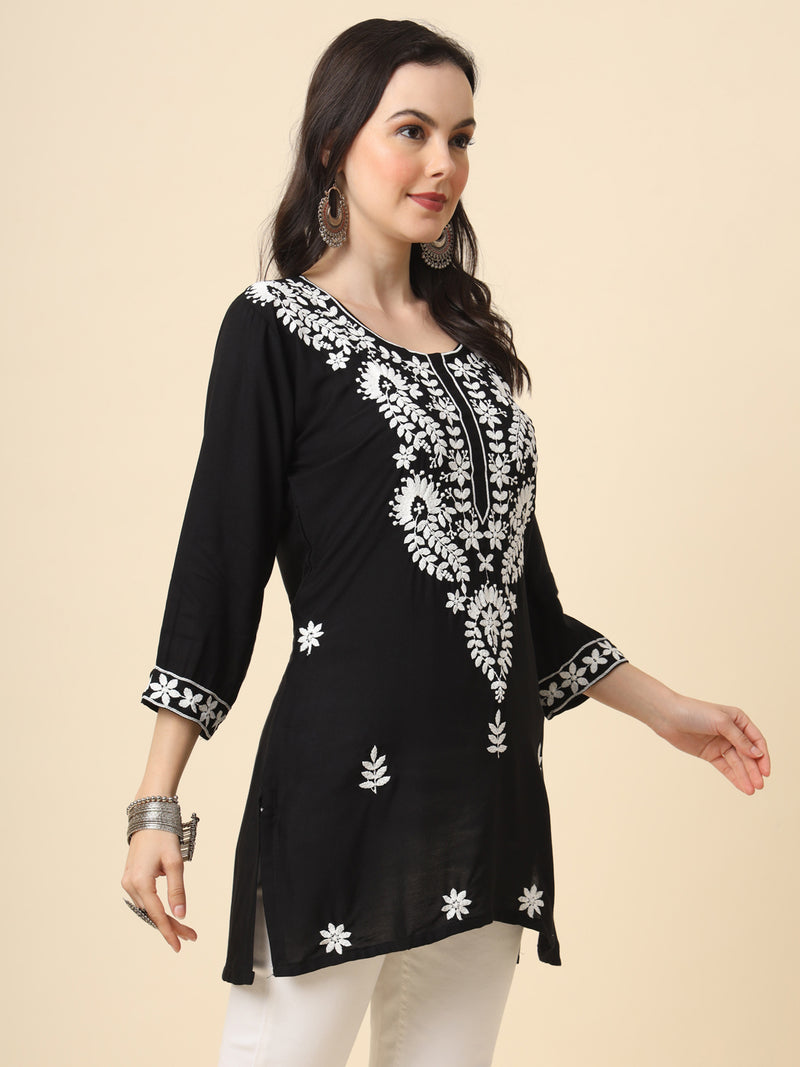 Black Embroidered Cotton Straight Kurti