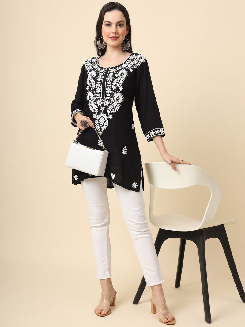 Black Embroidered Cotton Straight Kurti