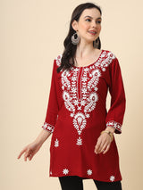 Maroon Embroidered Cotton Straight Kurti