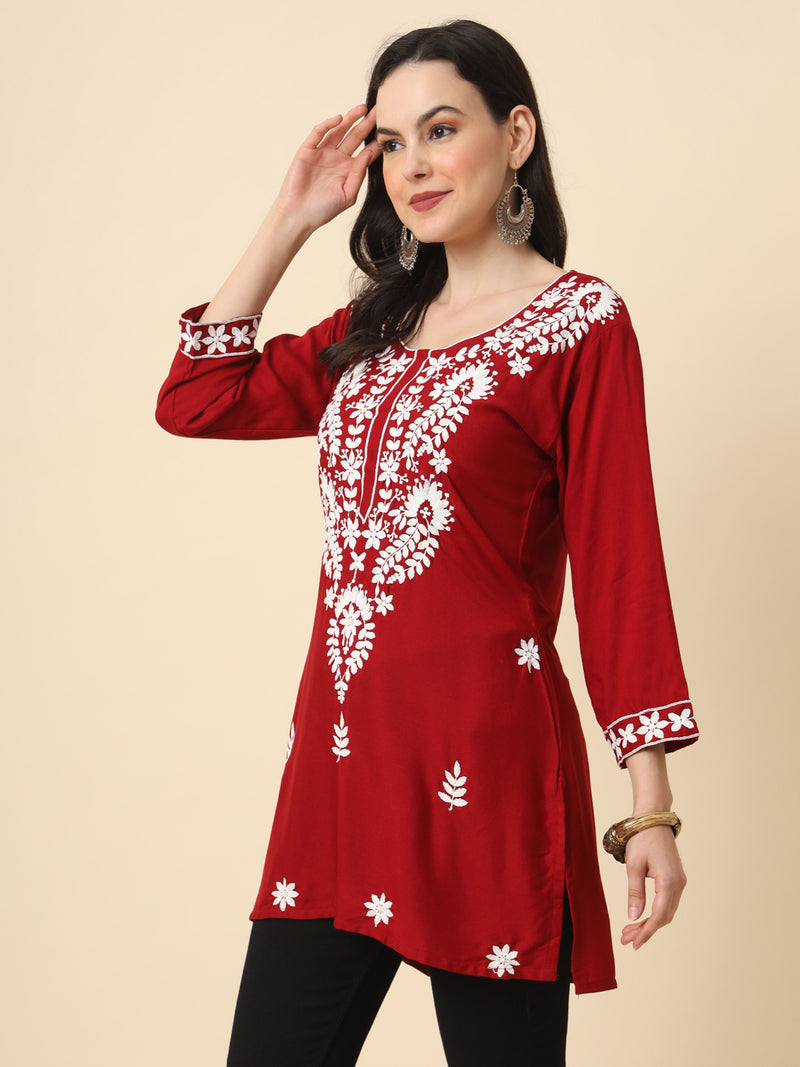 Maroon Embroidered Cotton Straight Kurti