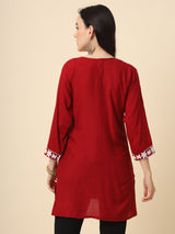 Maroon Embroidered Cotton Straight Kurti