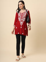 Maroon Embroidered Cotton Straight Kurti