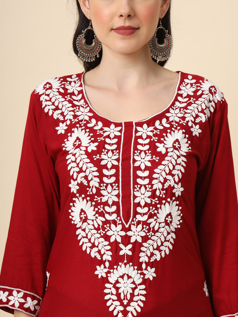 Maroon Embroidered Cotton Straight Kurti