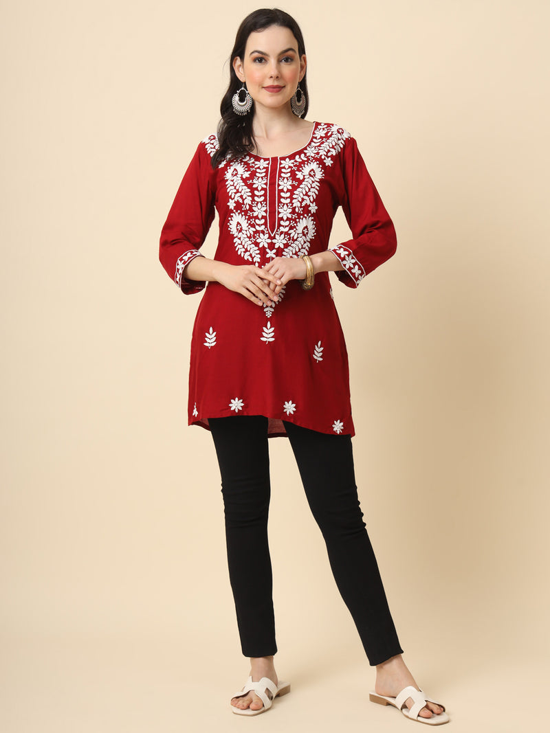 Maroon Embroidered Cotton Straight Kurti