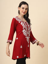 Maroon Embroidered Cotton Straight Kurti