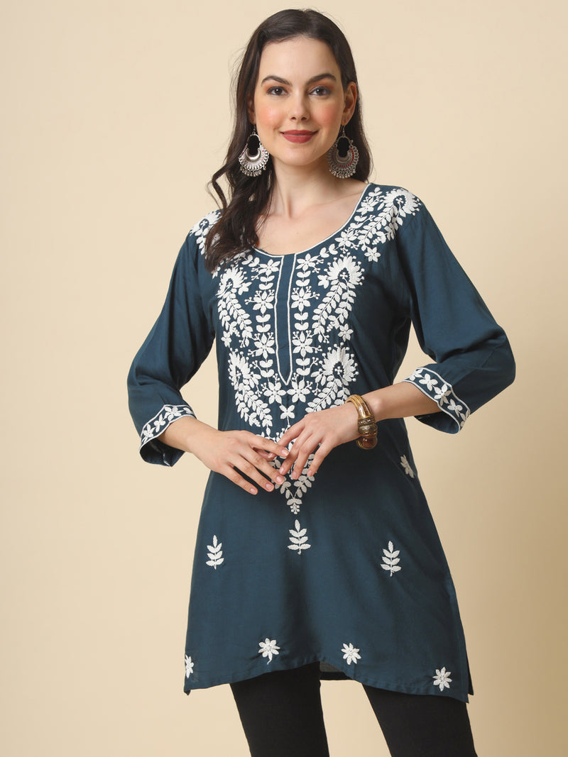 Grey Embroidered Cotton Straight Kurti