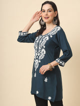 Grey Embroidered Cotton Straight Kurti