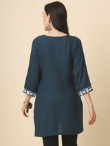 Grey Embroidered Cotton Straight Kurti