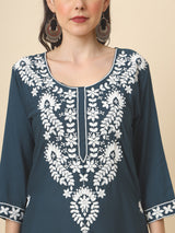 Grey Embroidered Cotton Straight Kurti