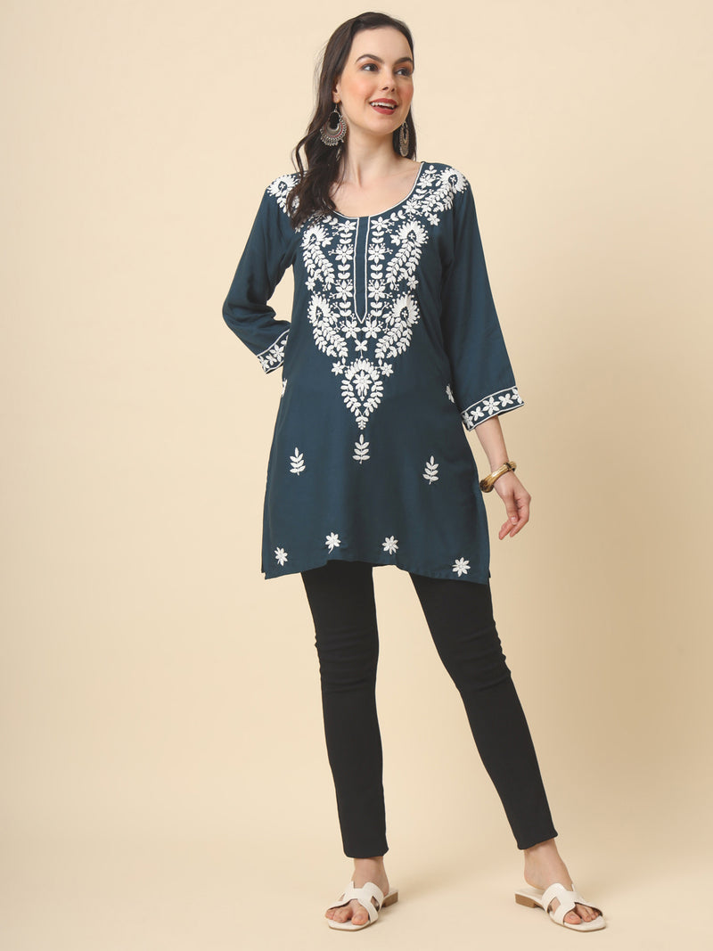 Grey Embroidered Cotton Straight Kurti