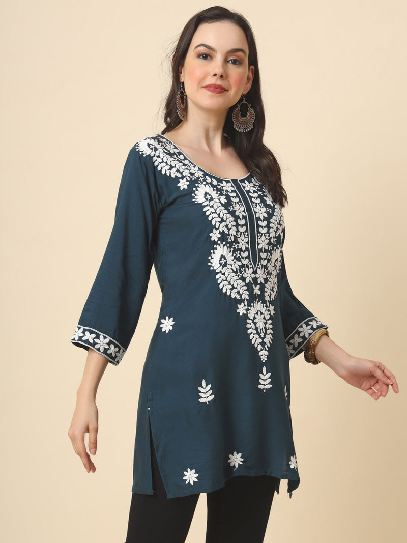 Grey Embroidered Cotton Straight Kurti