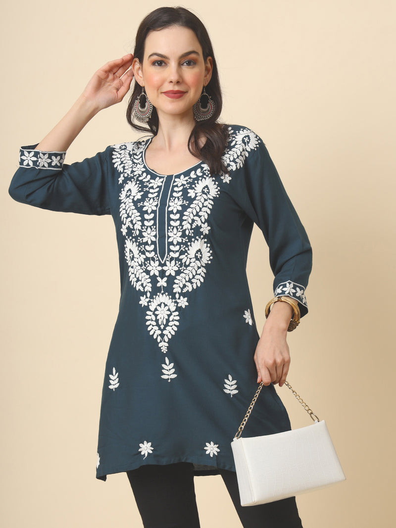 Grey Embroidered Cotton Straight Kurti