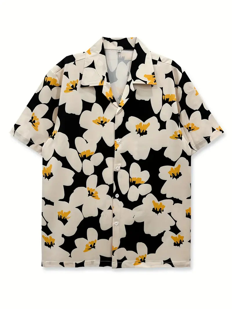 Men's Casual Black & White Flowers Print Shirt