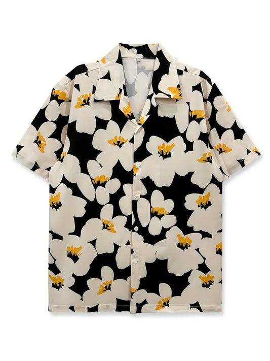 Men's Casual Black & White Flowers Print Shirt
