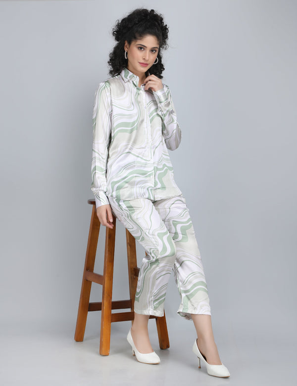 Elegant Wave Print Satin Co-Ord Set