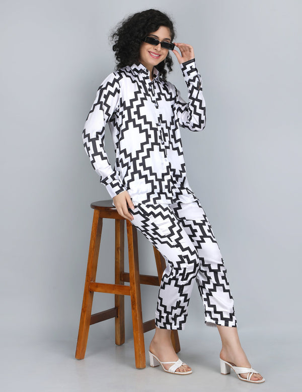 Geometric Black & White Satin Co-Ord Set