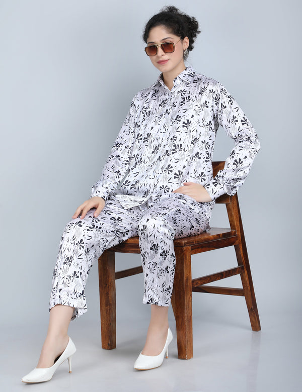 Monochrome Floral Print Satin Co-Ord Set
