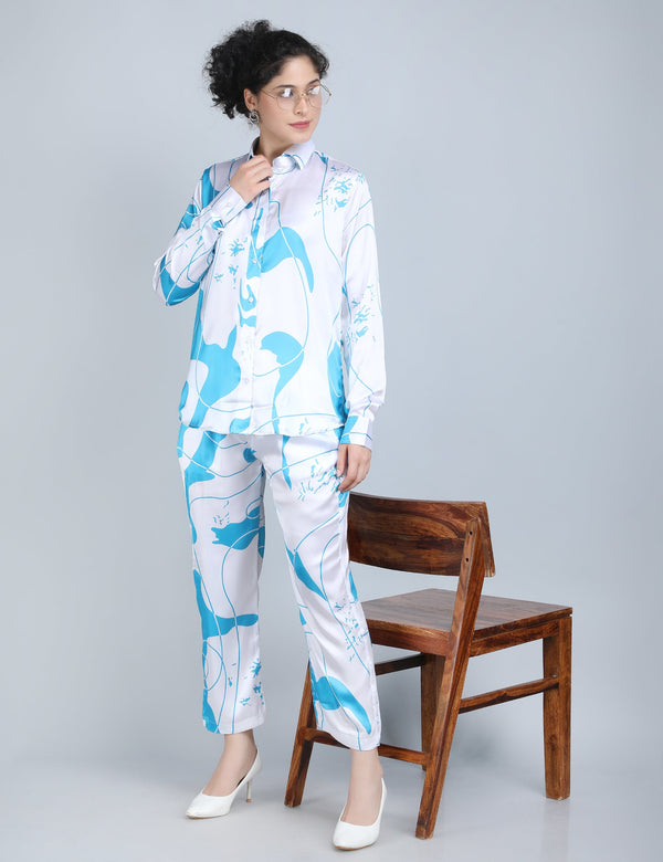 Blue Abstract Print Satin Co-Ord Set