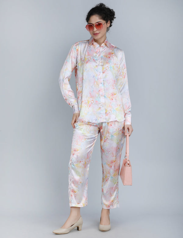 Pastel Floral Print Satin Co-Ord Set