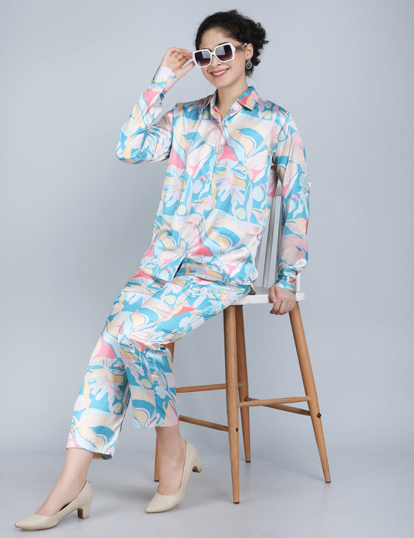 Aqua Pastel Abstract Print Satin Co-Ord Set
