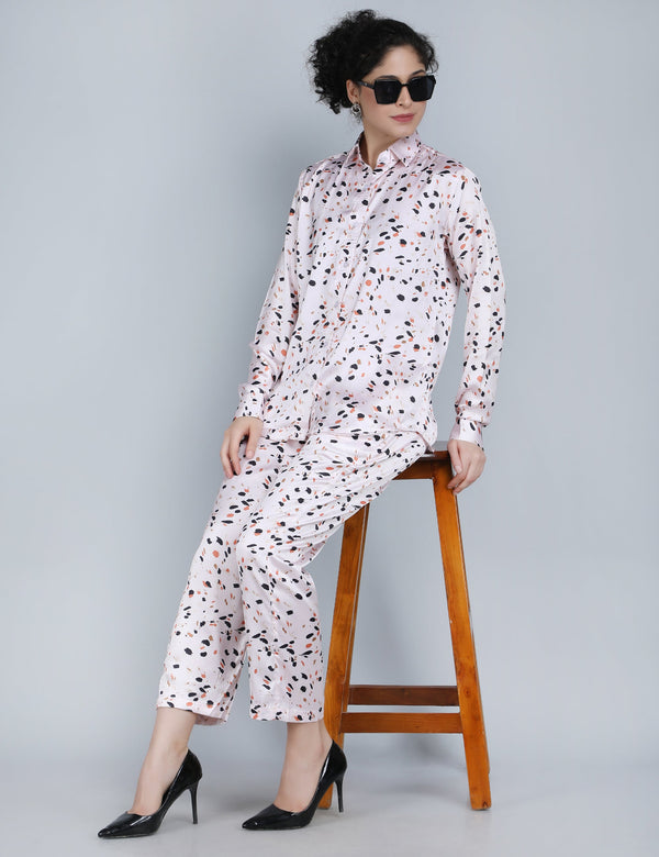 Blush Pink Abstract Print Satin Co-Ord Set