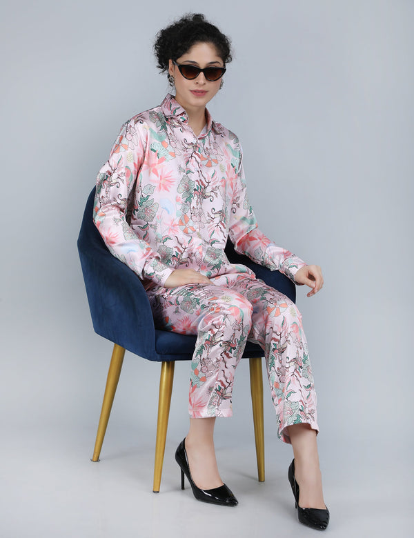 Pastel Floral Print Satin Co-Ord Set
