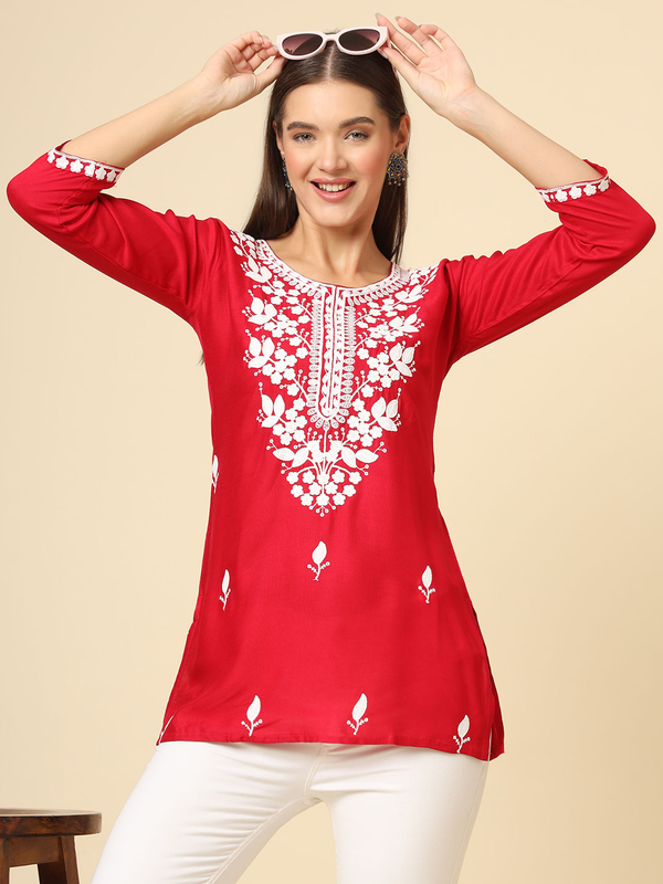 Red Cotton Short Chicken Kari Work Kurti