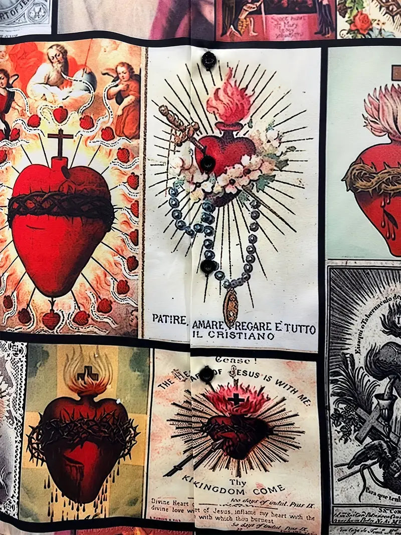 Men's Casual Love & Cross Print Button Shirt