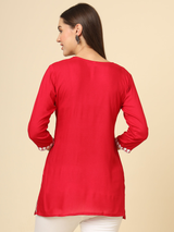 Red Cotton Short Chicken Kari Work Kurti