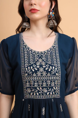 Navy Blue Embroidered Georgette Straight Kurti