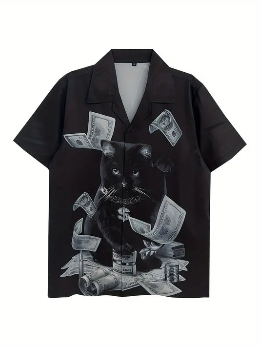 Men's Versatile Cat And Money Print Shirt
