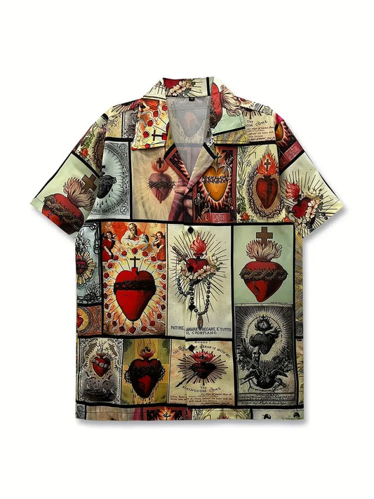 Men's Casual Love & Cross Print Button Shirt