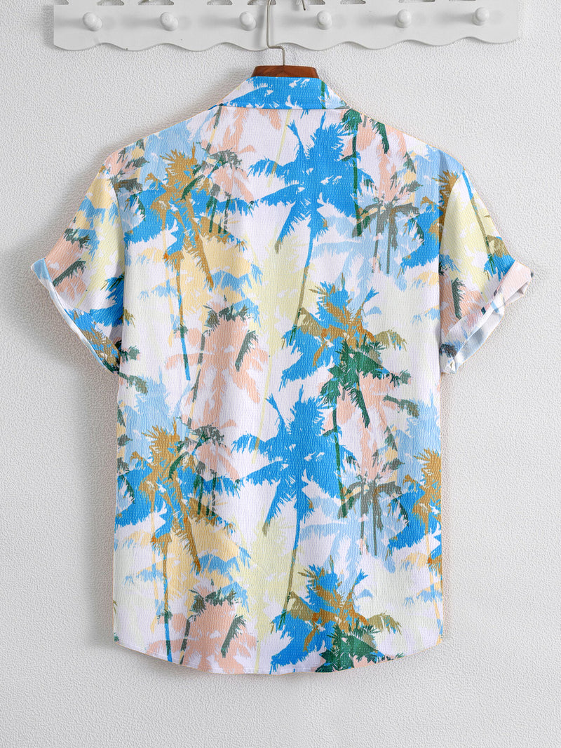 Blue and Green Popcorn Textured Tree Printed Shirt