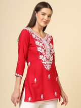 Red Cotton Short Chicken Kari Work Kurti