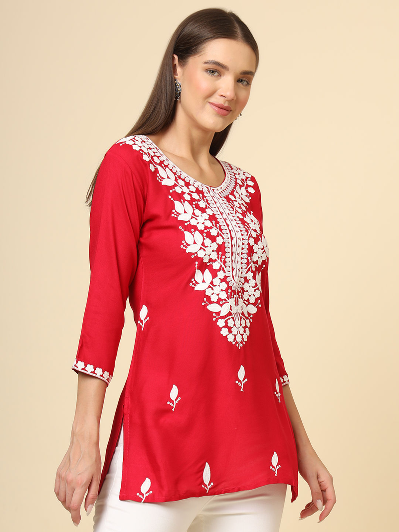 Red Cotton Short Chicken Kari Work Kurti