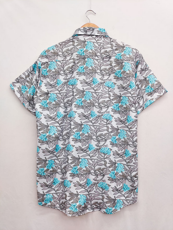 Sky Blue Grey Flowers Printed Shirt