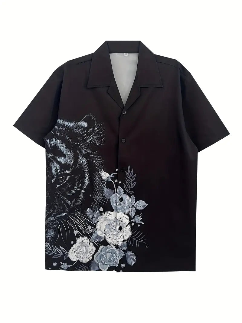 Men's Casual Black Tiger and Floral Design Shirt