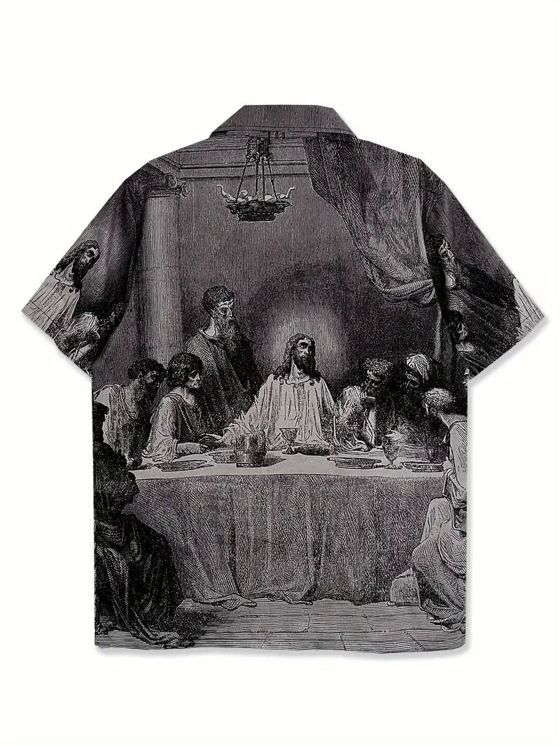 Men's Casual Last Supper Print Button-Up Shirt