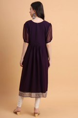 Wine Embroidered Georgette Straight Kurti