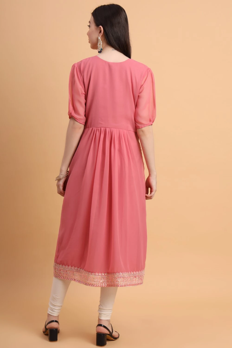 Pink Embroidered Georgette Straight Kurti