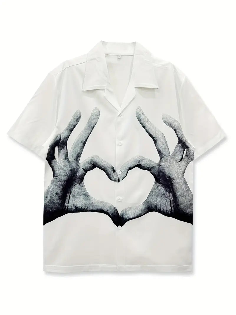 Men's Casual with Cute Heart Gesture Print Shirt