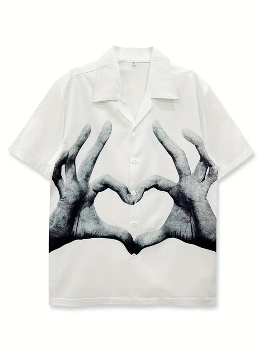 Men's Casual with Cute Heart Gesture Print Shirt