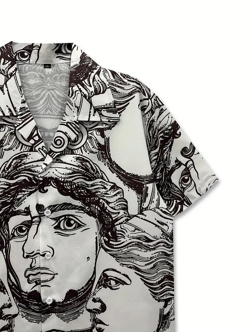 Men's Casual Face Sketch Print Button-Up Shirt